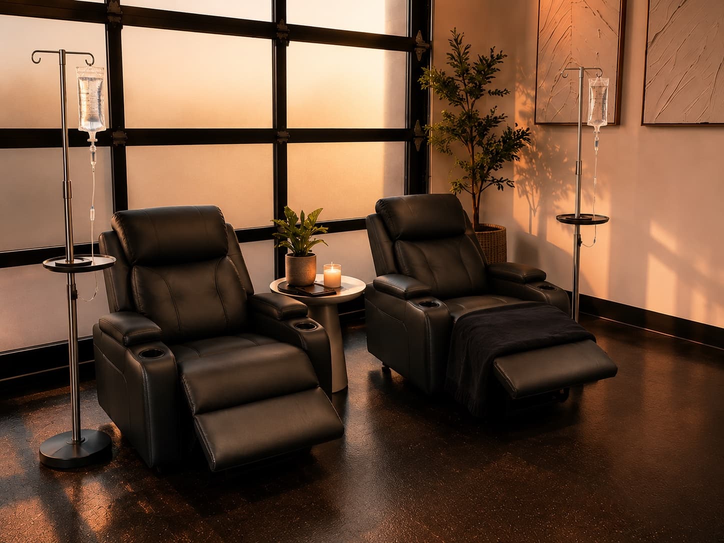 Two leather recliners with IV drip stands facing a window at sunset in the IV therapy room
